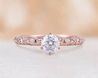 Vintage Moissanite engagement ring rose gold 0.5ct round moissanite ring natural diamond Half eternity Milgrain wedding ring promise ring