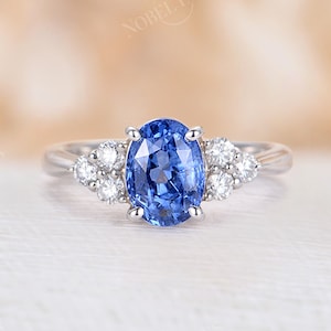Cornflower Sapphire Engagement Ring Vintage oval cut Ring Moissanite cluster Wedding 14K white Gold Unique prong art deco Anniversary