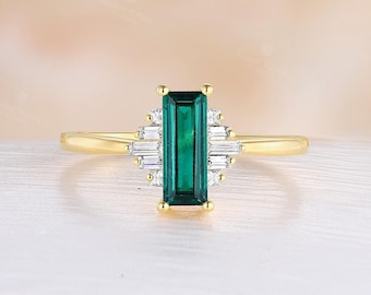 Art Deco Baguette Emerald Engagement Ring 14K Yellow Gold Cluster Ring Tiny CZ Ring Ring May Birthstone Ring Gift For Her - By NyFineJewelry