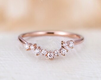 Unieke asymmetrische gebogen trouwring, roségouden bandring, cluster diamanten band, bijpassende band stapelen, aangepaste belofte jubileumring
