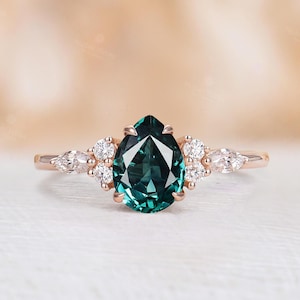 Pear Teal Sapphire Engagement Ring with Cluster Marquise Diamond | Rose Gold Wedding Ring Blue Green Sapphire Ring Elegant Ring Fine Jewelry
