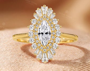 Vintage Moissanite Engagement Ring, Solid Gold, Gatsby Baguette-cut Diamond Double Halo Ring by NyFineJewelry
