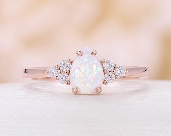 Pear cut natural Opal engagement ring Rose gold engagement ring Moissanite Cluster ring Unique white opal wedding Bridal Promise Anniversary