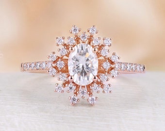 Moissanite engagement ring vintage oval cut ring rose gold antique Halo Cluster half eternity wedding Flower bridal Anniversary ring