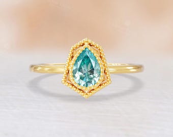 Vintage Pear Green Moissanite Engagement Ring, 18K Solid Gold Ring, Antique Solitaire Wedding Ring, Promise Rings For Women - NyFineJewelry