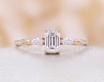 Emerald cut Moissanite Engagement Ring Vintage yellow gold wedding ring Art deco marquise Moissanite promise Unique anniversary ring