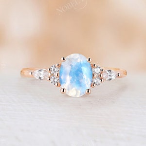 Oval Blue Moonstone engagement ring rose gold vintage marquise diamond cluster bridal ring Unique Moissanite wedding Anniversary ring women