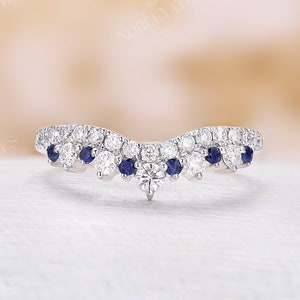 Curved Sapphire Wedding Band vintage Natural Diamond Ring Unique White gold Moissanite stacking Delicate matching band Promise Anniversary