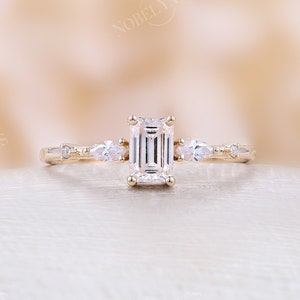 Emerald cut Moissanite Engagement Ring Vintage yellow gold wedding ring Art deco marquise Moissanite promise Unique anniversary ring