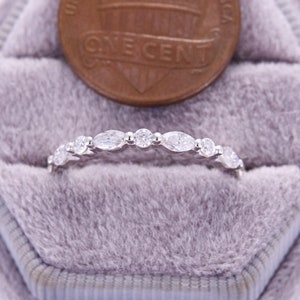 Moissanite wedding band white gold ring vintage Marquise and round cut diamond stacking matching Unique half eternity Bridal Promise ring