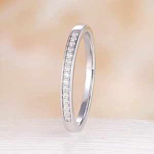 Minimalist Pave Natural Diamond Wedding Band, Half Eternity Ring, White Gold Stackable Matching Rings, Dainty Channel Diamond Wedding Ring