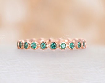 Lab Emerald unique wedding Band vintage rose gold bezel full Eternity Matching band Dainty Stacking Bridal Ring Promise Anniversary Ring