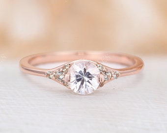 White sapphire Engagement Ring Unique Engagement Ring Wedding Bridal sapphire cluster Ring Vintage Rose Gold Round Cut ring Anniversary