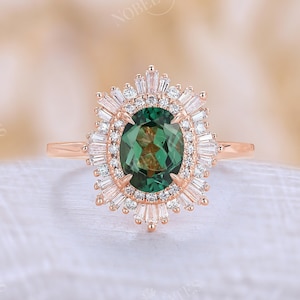 Green Sapphire engagement ring double halo diamond ring prong ring oval cut sapphire rose gold ring CZ ring art deco ring anniversary ring