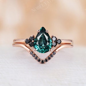 Vintage Teal Sapphire engagement ring set Pear shaped rose gold band unique black diamond cluster bridal set Antique wedding set Anniversary