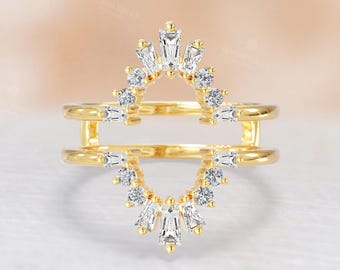 Alliance art déco avec rehausseur de diamants cultivés en laboratoire, alliance unique en diamant double incurvée, anneau de protection rehausseur pour femme, anneau en or massif pour veste