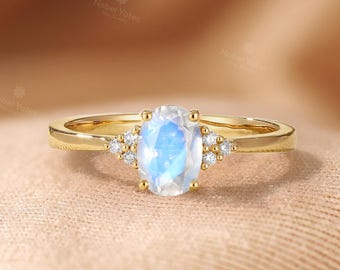 Vintage Oval Moonstone Engagement Ring, Solid Gold Diamond Wedding Ring, Bridal Promise Ring for Women