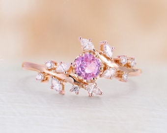 Pink sapphire engagement ring rose gold Diamond Cluster ring Unique Delicate leaf style wedding prong Bridal Promise Anniversary Ring