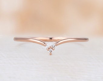 Curved Wedding Band vintage art deco Rose gold Diamond Ring Unique Bridal ring stacking simple Promise matching band Anniversary ring