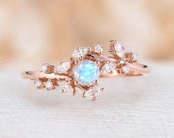 Vintage moonstone engagement ring rose gold marquise Diamond Cluster ring Unique leaf style wedding Bridal ring Promise Anniversary ring