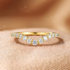 Classic Lab-grown Diamond Curved Wedding Band, 18K Rose Gold Ring, Half Eternity Micro Pave Moissanite Ring, Unique Chevron Rings for Women