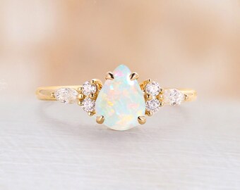 Pear cut Opal engagement ring natural white opal ring yellow gold ring cluster prong ring diamond moissanite vintage ring Anniversary ring