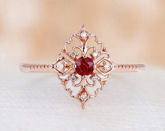 Art deco natural ruby engagement ring Vintage unique band rose gold delicate ring Diamond antique wedding Bridal Anniversary ring promise