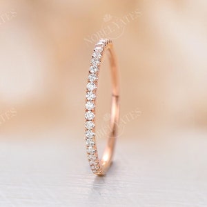 Classic Natural Diamond Wedding Band, 18K Rose Gold Ring, Delicate Half Eternity Ring, Pave Diamond Ring, Stackable Matching Rings For Women