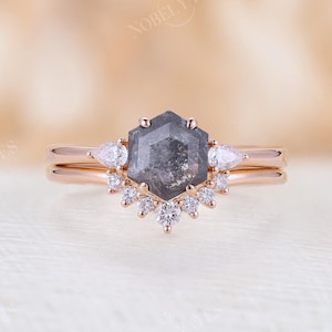 Vintage Hexagon Salt and Pepper Diamond Engagement Ring Set, Rose Gold Band Ring, Three Stones Diamond Wedding Band, Promise Ring Bridal Set