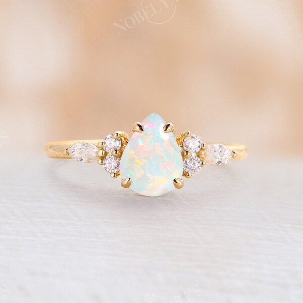 Pear cut Opal engagement ring natural white opal ring yellow gold ring cluster prong ring diamond moissanite vintage ring Anniversary ring