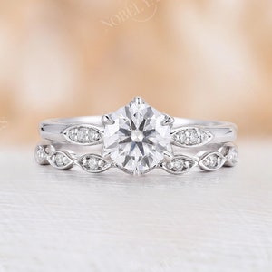 Moissanite engagement ring set Vintage round cut ring Classical Diamond ring art deco matching band Antique bridal set Anniversary ring