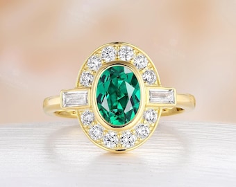 Art Deco Emerald Engagement Ring 14K Gold Bezel Ring Antique Baguette Moissanite Wedding Ring Promise Ring Gift For Women - By NyFineJewelry