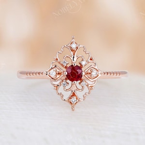 Art Deco Natural Ruby Engagement Ring, Vintage Unique Rose Gold Band, Delicate Diamond Ring, Wedding Bridal Ring, Anniversary Promise Ring