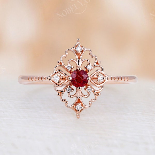 Bague de fiançailles art déco rubis naturel vintage bande unique en or rose bague délicate diamant mariage antique bague d'anniversaire de mariage promesse