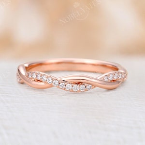 Unique Diamond Twisted Wedding Band, Dainty Rose Gold Band, Delicate Micro Pave Ring, Half Eternity Bridal Ring, Stacking Promise Ring