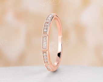 Art Deco Baguette Diamond Wedding Band Rose Gold Milgrain Delicate Ring Round Cut Ring Fashion Stacking Matching Band Promise Bridal Band