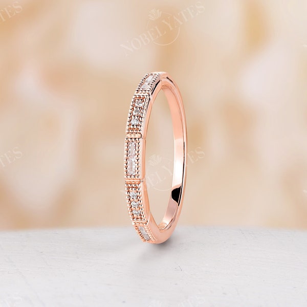 Art Deco Baguette Diamond Wedding Band Rose Gold Milgrain Delicate Ring Round Cut Ring Fashion Stacking Matching Band Promise Bridal Band