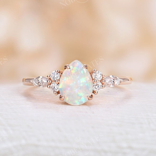 Opal engagement ring natural pear shaped opal ring Rose gold marquise diamond cluster wedding ring Unique Anniversary Promise bridal ring