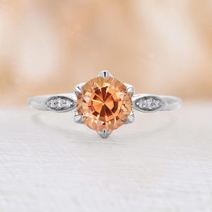 Vintage Lab Grown Orange Sapphire Engagement Ring, Classic 14K Gold Six Prong Diamond Ring, Timeless Statement Ring for Women -NyFineJewelry