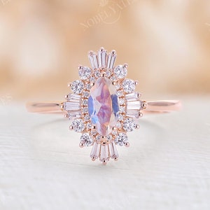 Marquise cut moonstone engagement ring vintage rose gold ring baguette diamond halo art deco unique prong ring anniversary promise ring