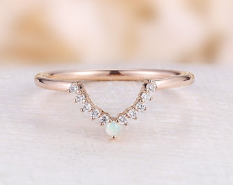 Vintage Diamond curved wedding band art deco natural opal rose gold wedding band Matching Bridal stacking band unique Anniversary ring