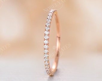 14K rose gold diamond wedding band delicate bridal ring half eternity band classic moissanite ring stacking dainty matching anniversary ring