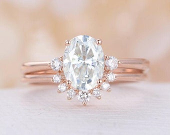 Oval Moissanite Engagement Ring set Rose gold three stones ring curved art deco wedding band unique Bridal Promise ring Anniversary ring