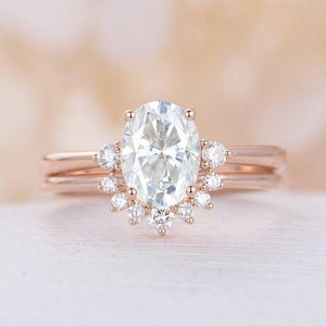 Oval Moissanite Engagement Ring set Rose gold three stones ring curved art deco wedding band unique Bridal Promise ring Anniversary ring image 1