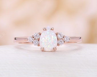 Pear Cut Natural Opal Engagement Ring, Moissanite Cluster Ring, Rose Gold Wedding Ring, Unique White Opal Bridal Promise Anniversary Ring