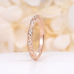 ヴィンテージ ダイヤモンド ウェディング バンド、アールデコ フル エタニティ バンド、14K ローズ ゴールド スタッカブル マッチング バンド、ユニークなミルグレイン アニバーサリー プロミス リング