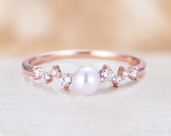 Vintage Akoya Pearl engagement Ring Rose Gold Delicate pearl wedding ring Unique Diamond cluster Bridal ring Promise Anniversary ring