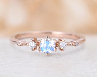 Moonstone engagement ring rose gold round cut ring vintage Diamond unique ring wedding Bridal art deco delicate Anniversary promise ring