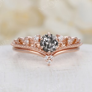Vintage Salt and Pepper diamond Engagement Ring Set Rose gold Art deco wedding ring set Round cut Unique diamond Bridal Set Anniversary ring