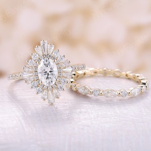 Vintage Moissanite engagement ring Yellow gold diamond cubic zirconia halo ring full eternity wedding band art deco promise bridal ring set